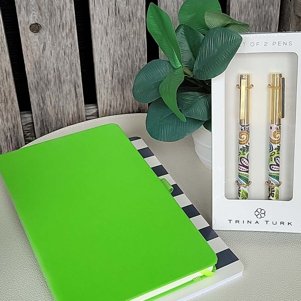 Trina Turk Gold and Multicolor Pen Set with Green and Black-Striped Notebooks - Picture 4 of 5